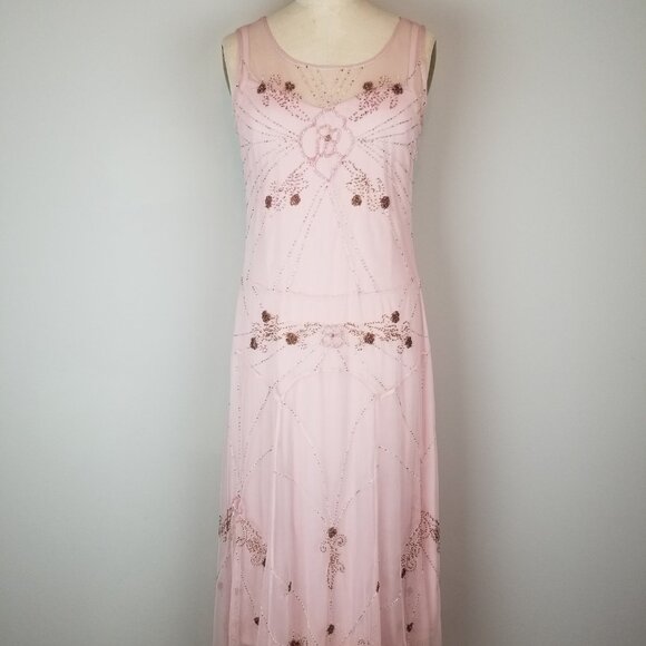 Vintage 1920's Flapper Style Pale Pink Dress with Glass Beadwork Ladies Size 10 - Picture 3 of 15